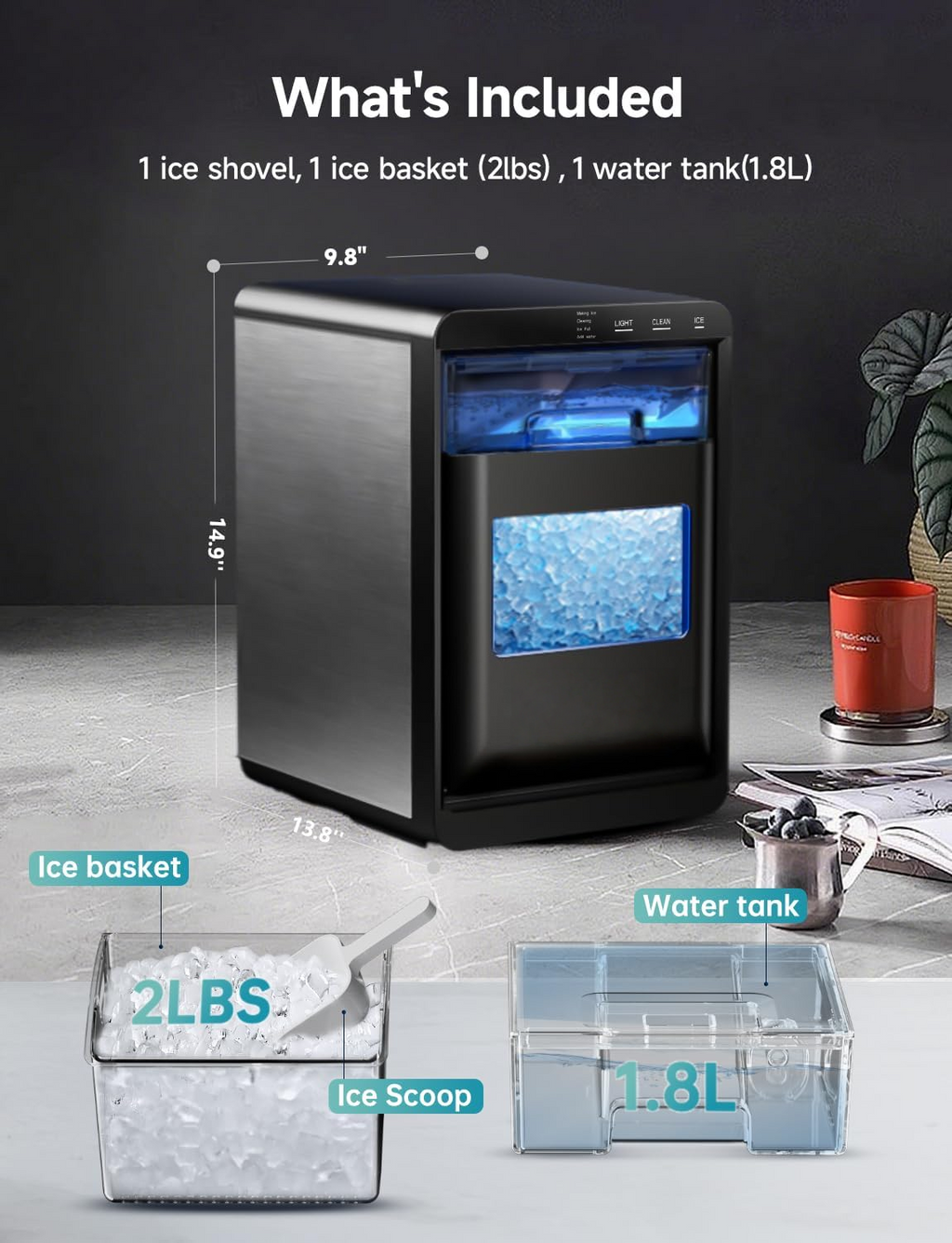 40Lbs/24H Countertop Nugget Ice Maker, Self-Cleaning Pellet Ice Machine with Scoop & Basket