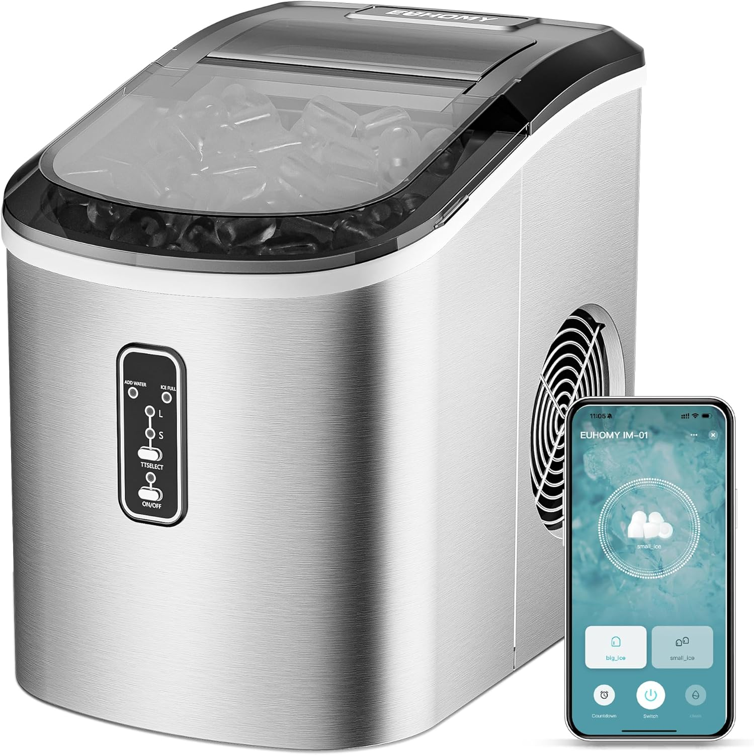 Countertop Smart Ice Maker, 26Lbs/24H, 9 Cubes Ready in 8 Mins, Self-Cleaning Portable Ice Maker with Ice Scoop and Basket, Perfect for Home Kitchen Office, Silver