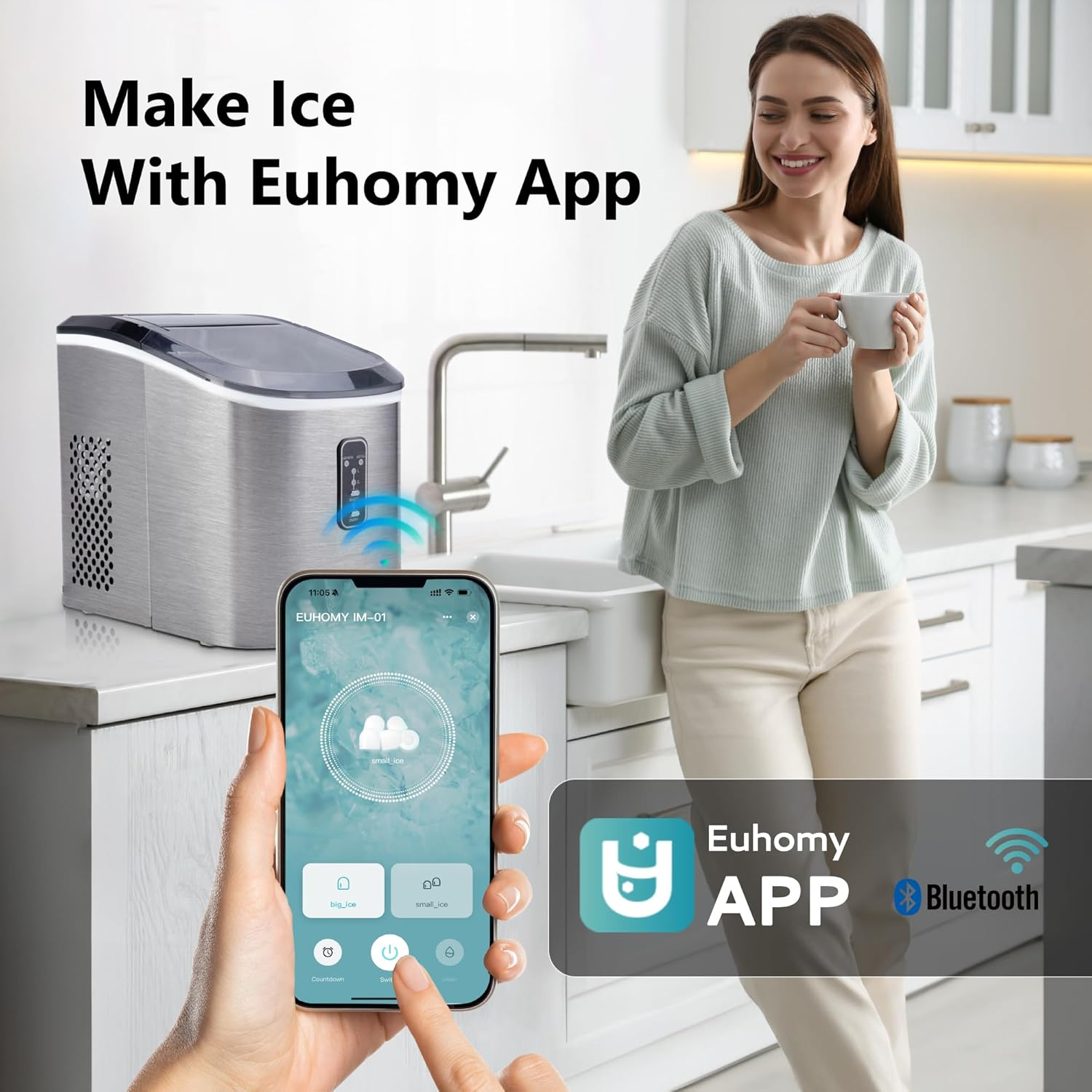 Countertop Smart Ice Maker, 26Lbs/24H, 9 Cubes Ready in 8 Mins, Self-Cleaning Portable Ice Maker with Ice Scoop and Basket, Perfect for Home Kitchen Office, Silver
