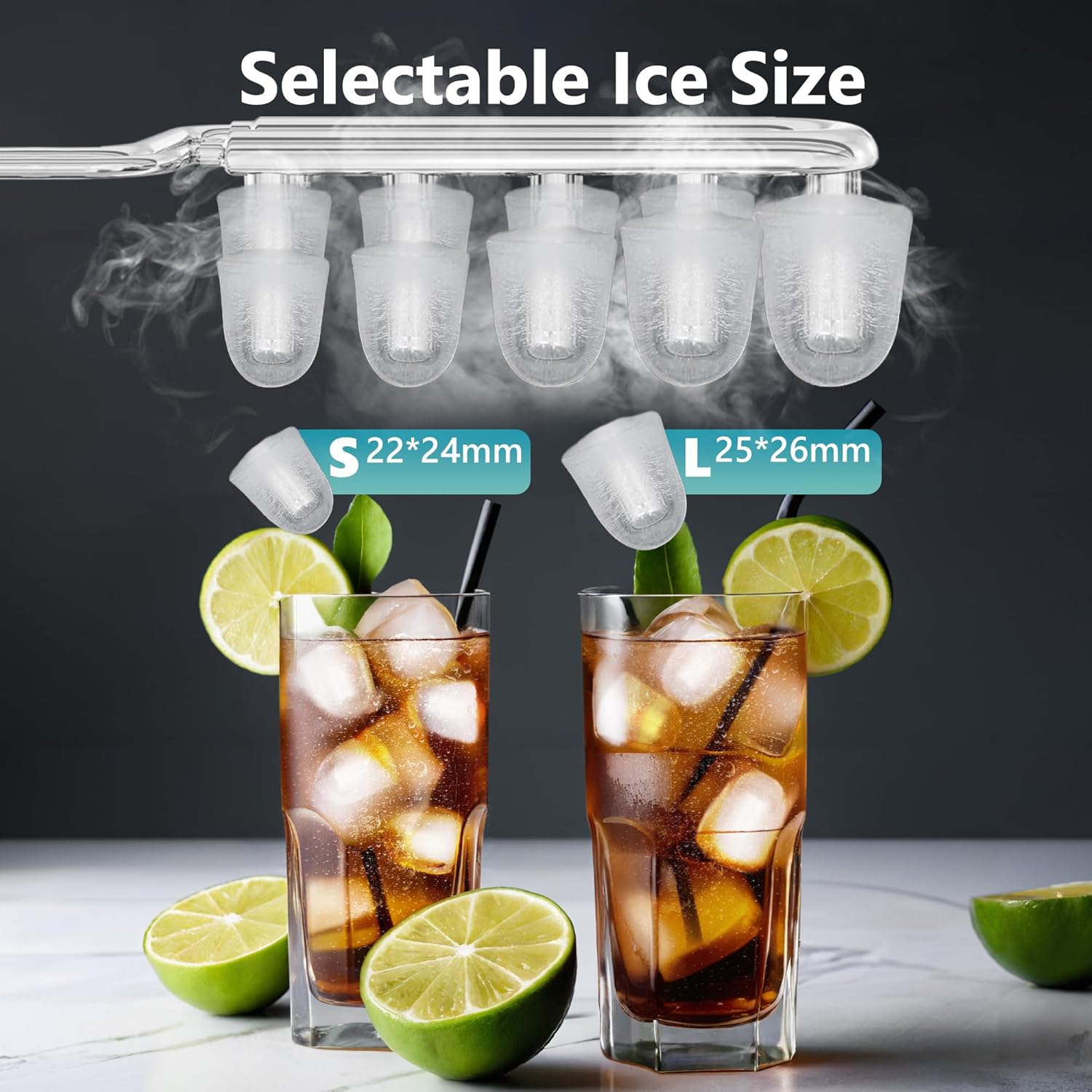 Countertop Smart Ice Maker, 26Lbs/24H, 9 Cubes Ready in 8 Mins, Self-Cleaning Portable Ice Maker with Ice Scoop and Basket, Perfect for Home Kitchen Office, Silver
