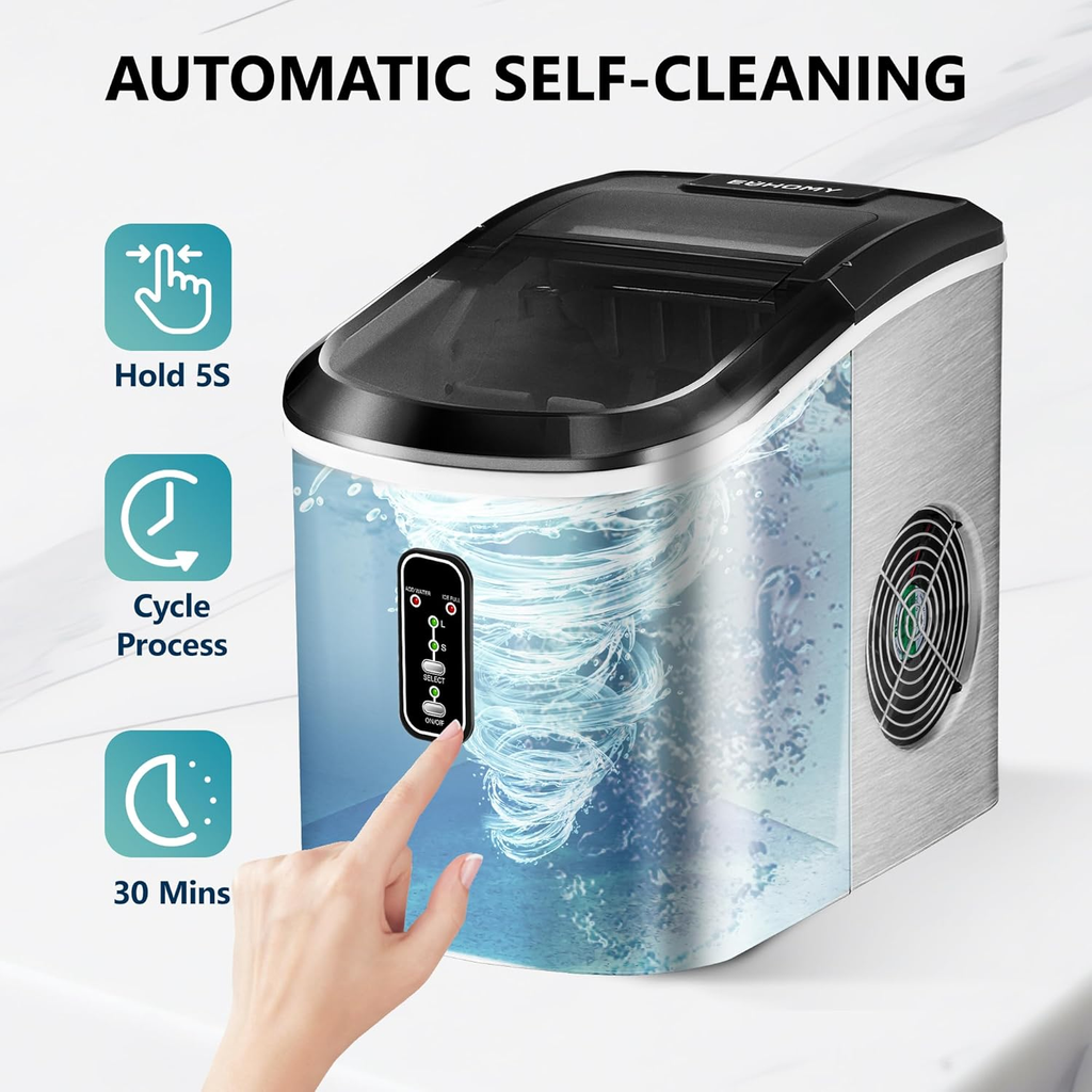 Countertop Smart Ice Maker, 26Lbs/24H, 9 Cubes Ready in 8 Mins, Self-Cleaning Portable Ice Maker with Ice Scoop and Basket, Perfect for Home Kitchen Office, Silver