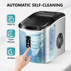 Countertop Smart Ice Maker, 26Lbs/24H, 9 Cubes Ready in 8 Mins, Self-Cleaning Portable Ice Maker with Ice Scoop and Basket, Perfect for Home Kitchen Office, Silver