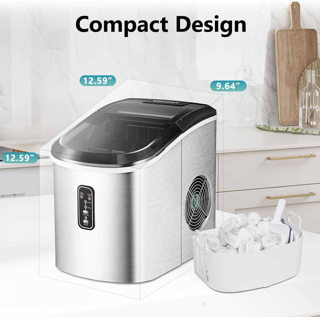 Countertop Smart Ice Maker, 26Lbs/24H, 9 Cubes Ready in 8 Mins, Self-Cleaning Portable Ice Maker with Ice Scoop and Basket, Perfect for Home Kitchen Office, Silver