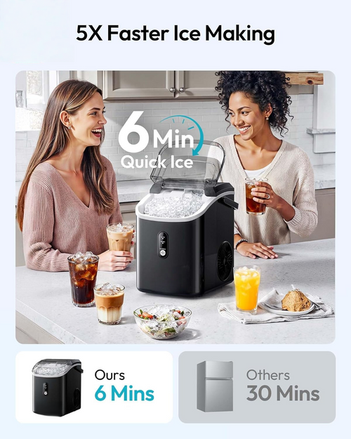 Countertop Nugget Ice Maker with Handle, Ready in 6 Mins, 34Lbs Per Day, Removable Top Cover, Self-Cleaning Portable Sonic Ice Maker with Basket and Scoop, Ideal for Home Party RV Camping, Black