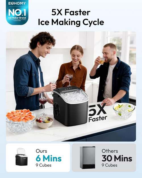 Countertop Ice Maker Machine with Handle, 26Lbs/24H, 9 Ice Cubes Ready in 6 Mins, Auto-Cleaning Portable Ice Maker with Basket & Scoop, Smart App Remote Control for Home Kitchen Camping RV, Black