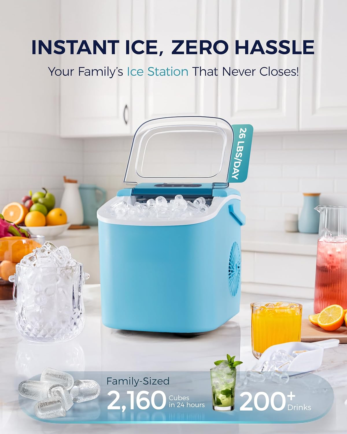 Countertop Ice Maker Machine with Handle, 26Lbs/24H, 9 Ice Cubes Ready in 6 Mins, Auto-Cleaning Portable Ice Maker with Basket & Scoop, Smart App Remote Control for Home Kitchen Camping RV, Blue