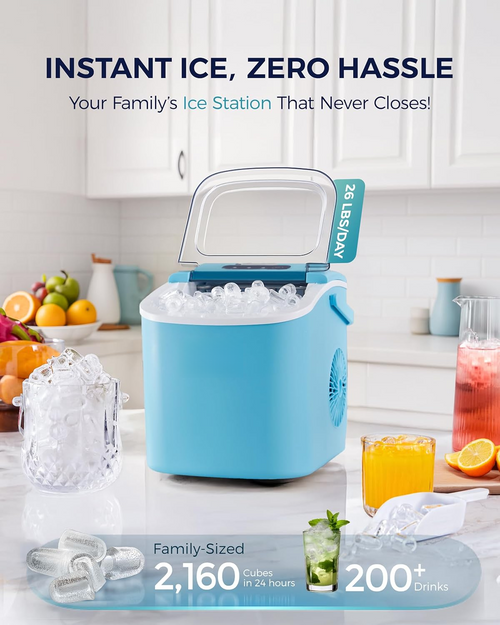 Countertop Ice Maker Machine with Handle, 26Lbs/24H, 9 Ice Cubes Ready in 6 Mins, Auto-Cleaning Portable Ice Maker with Basket & Scoop, Smart App Remote Control for Home Kitchen Camping RV, Blue