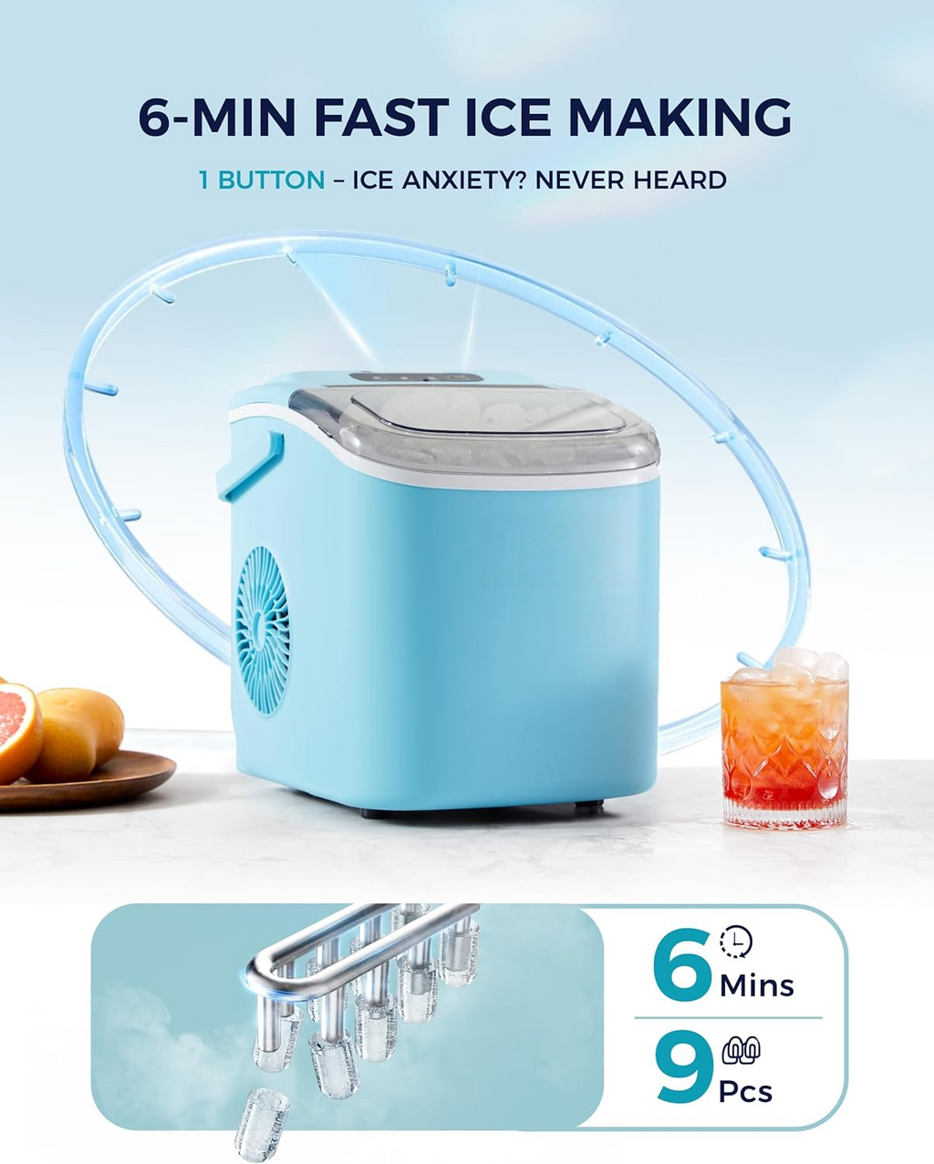 Countertop Ice Maker Machine with Handle, 26Lbs/24H, 9 Ice Cubes Ready in 6 Mins, Auto-Cleaning Portable Ice Maker with Basket & Scoop, Smart App Remote Control for Home Kitchen Camping RV, Blue