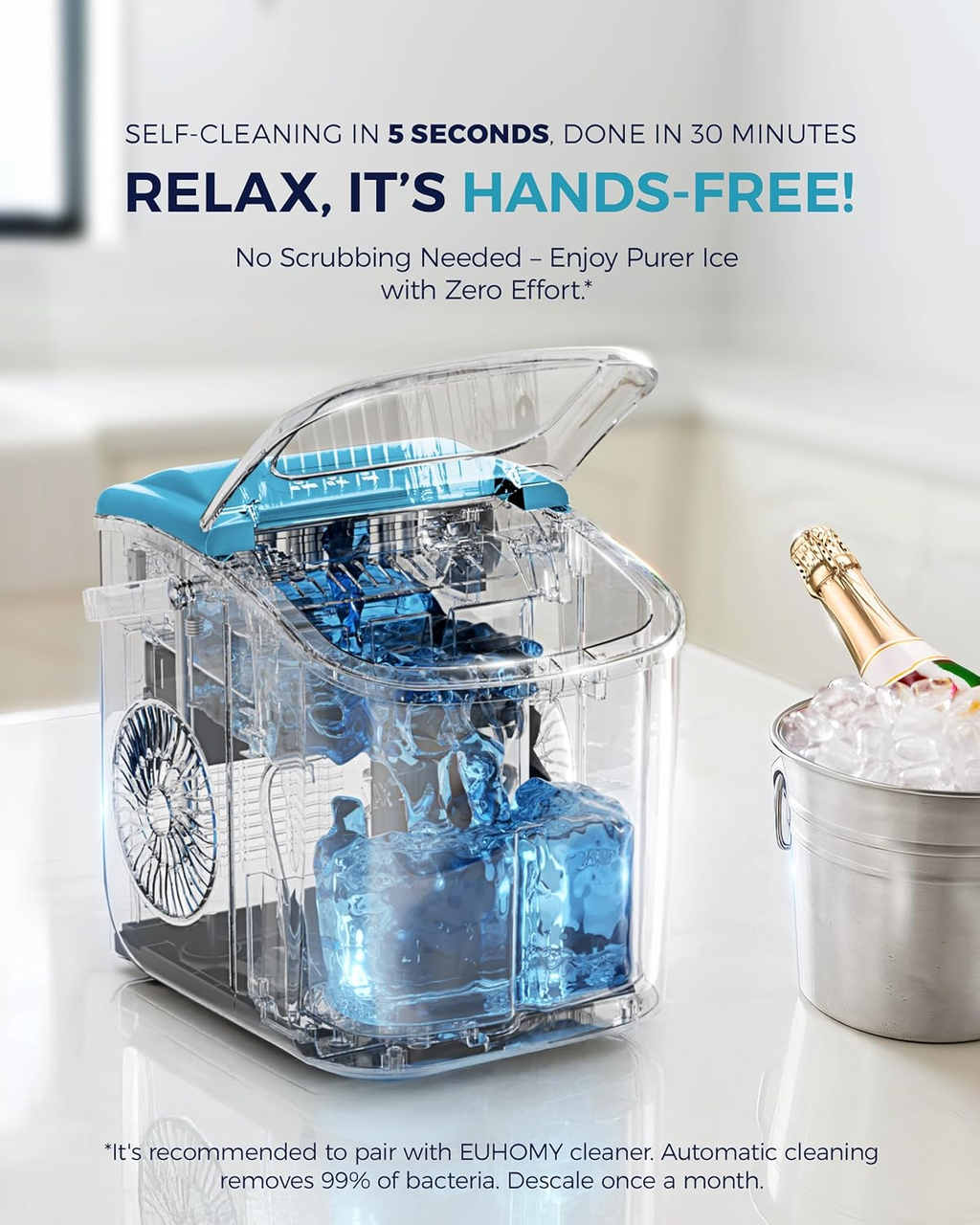 Countertop Ice Maker Machine with Handle, 26Lbs/24H, 9 Ice Cubes Ready in 6 Mins, Auto-Cleaning Portable Ice Maker with Basket & Scoop, Smart App Remote Control for Home Kitchen Camping RV, Blue