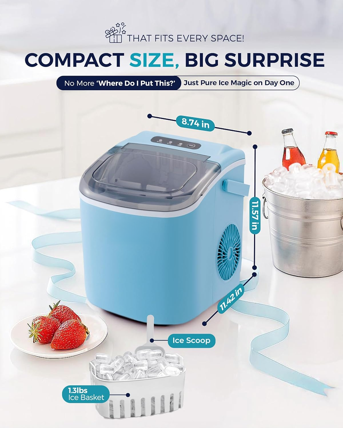 Countertop Ice Maker Machine with Handle, 26Lbs/24H, 9 Ice Cubes Ready in 6 Mins, Auto-Cleaning Portable Ice Maker with Basket & Scoop, Smart App Remote Control for Home Kitchen Camping RV, Blue